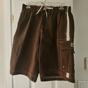 RS Surf Brown Swim Shorts  with Beige Stripe & Pockets SIZE L NWT